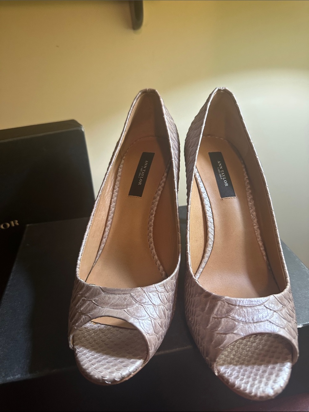 Ann Taylor Taupe Textured Peep-Toe Heels